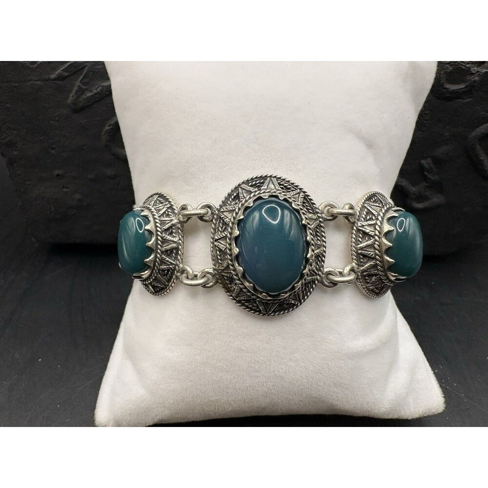 Vintage 925 Sterling Silver And Green 3 Stone Bracelet 7.5” 39g